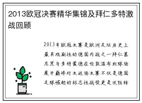 2013欧冠决赛精华集锦及拜仁多特激战回顾