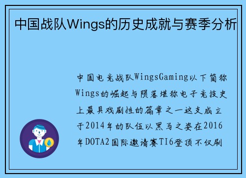 中国战队Wings的历史成就与赛季分析