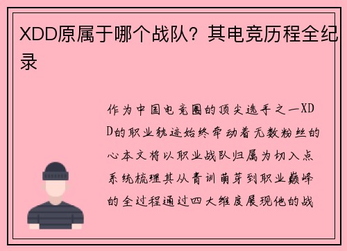 XDD原属于哪个战队？其电竞历程全纪录